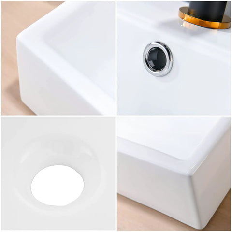 Close-up details of Rectangular Wall Mount Vessel Sink for Bathroom 21x16 White Porcelain Ceramic Above Counter Vanity Lavatory Basin With Single Faucet Hole, Sleek Modern Design for a Low Key Luxe Bath Upgrade