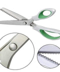 Green Pinking Shears With Comfort Grips For Zigzag Cutting Durable Sewing Scissors featuring blades and ergonomic handles