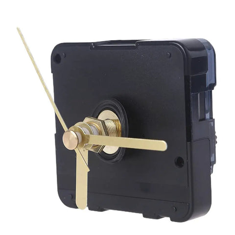 Battery Operated Quartz Wall Clock Movement Kit with hands replacement, side view showing brass hands and black casing, 2.17 x 2.17 inch