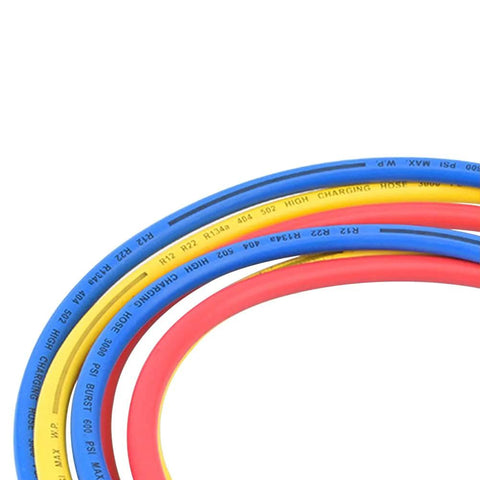 Three-color refrigerant charging hoses (blue, yellow, red), 60-inch length with 1/4" fittings for R12/R22/R134A AC