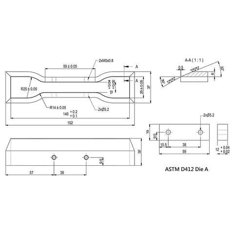 Technical drawing of Pro Grade Dumbbell And Straight Section Shape Cutter For Rubber Specimen Testing On Tensile Machines, Die A D412 standard