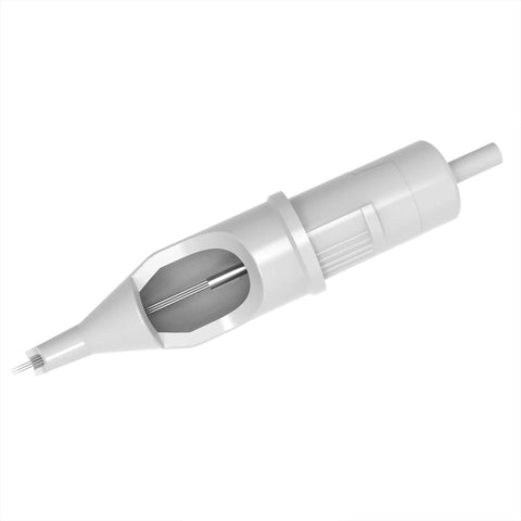 Gen C Round Liner Tattoo Cartridges Featuring Legit Medical Grade Stainless Steel And Slick Silicone Bodies For Clean Smooth Setup And Pro Shop Ready EO Sterile Protection, white cartridge with exposed needle.