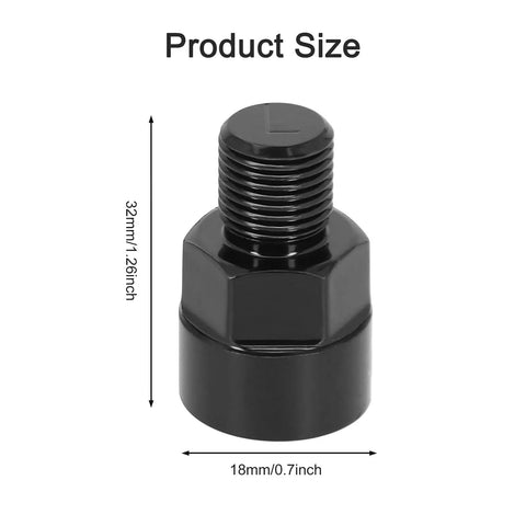 Black aluminum Bike Pedal Adapter Nine Sixteenths To One Half Inch for 14mm pedals and 12mm cranks with size dimensions shown