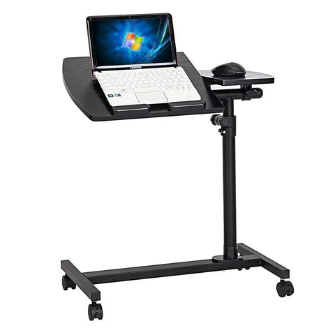 Slick Adjustable Height Computer Desk With Smooth Rolling Casters For No Sweat Home Office Setup Ergonomic Lift Standing Workstation Mobile Laptop Cart Black Finish with laptop and mouse.