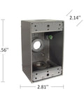 Weatherproof Single Gang Electrical Box With Three And A Half Inch Outlets Gray Die Cast Aluminum Construction NEMA Compatible Internal Hub Threads Reinforced Connector Outlets Powder Coat Built Tough Scratch Resistant Finish.