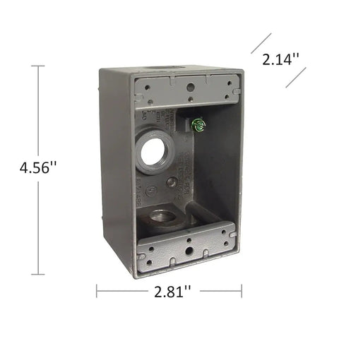Weatherproof Single Gang Electrical Box With Three And A Half Inch Outlets Gray Die Cast Aluminum Construction NEMA Compatible Internal Hub Threads Reinforced Connector Outlets Powder Coat Built Tough Scratch Resistant Finish.