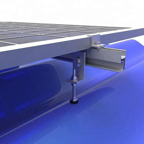 Built Tight M10 L Angle Mount Bracket Set For Solar Panel Racking On Corrugated Metal Roofs With Heavy Gauge Stainless Steel Pole Fasteners Easy Swap Fit And Bulletproof Hold - close up of bracket and solar panel attachment.