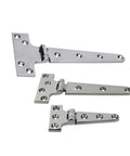 Three Beefed-Up Heavy Duty T Shape Strap Hinges in 316 Stainless Steel for gates, cabinets, and sheds doors, corrosion resistant