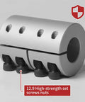 Sinoblu 8–12mm rigid clamp-on aluminum shaft coupling, 32mm dia, 45mm length, side view with four set screws.
