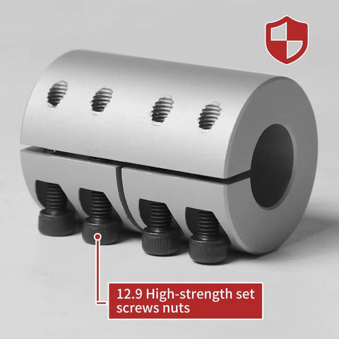 Sinoblu 8–12mm rigid clamp-on aluminum shaft coupling, 32mm dia, 45mm length, side view with four set screws.
