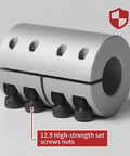 Close-up of 10mm To 14mm Shaft Coupling Aluminum Rigid Clamp On Coupler D32 L45 with set screws, for CNC and robotics projects.