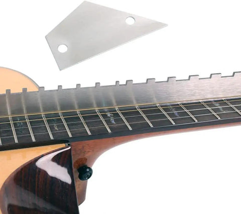 4 Piece Guitar Luthier Tools Set With Notched Straight Edge and Fret Rocker on guitar neck for pro grade setup