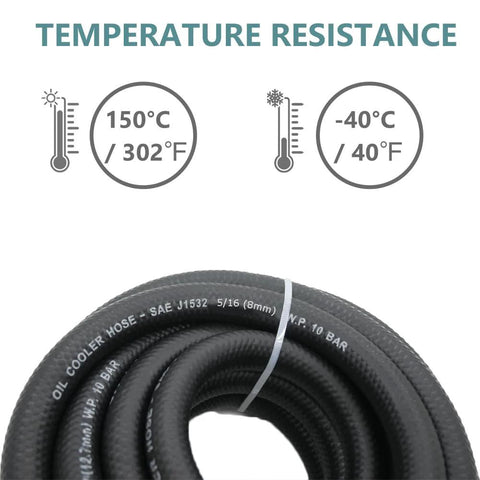 Coiled black 5/16 inch SAE J1532 oil cooler hose, 8mm diameter, 10 bar working pressure