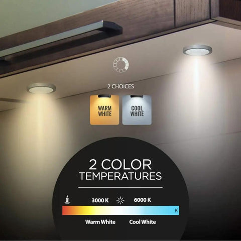 Under Cabinet LED Puck Lights With Dimmer, 12 Pack, Dimmable Cool White 6000K, installed under shelf showing warm and cool light options