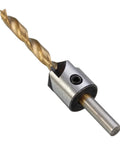 Milling cutter bit with gold titanium-coated twist drill in a silver round-shank adapter