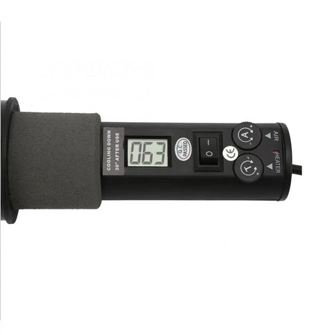 Close-up of Hot Air Gun 450W LCD Temperature Control Rework Station For PCB BGA SMD Desoldering And Soldering handle with controls.