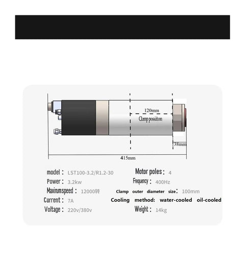 Technical diagram of BT30 5 Axis Auto ToolChanger Spindle For CNC Milling With Beefy High Torque Ceramic Ball Bearings Water Cooled 3.2KW 220V 12000 RPM Engraving And Machining, showing dimensions and specifications.