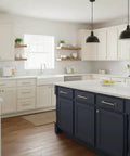 Modern kitchen with navy island featuring 10 Pack Brushed Satin Nickel Cabinet Pulls 3 Inch Hole Center Solid Kitchen Cabinet Handles AL3071SN.