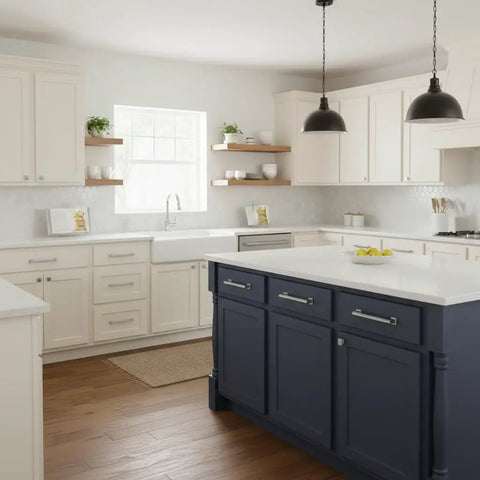 Modern kitchen with navy island featuring 10 Pack Brushed Satin Nickel Cabinet Pulls 3 Inch Hole Center Solid Kitchen Cabinet Handles AL3071SN.
