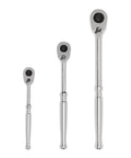 Three Piece Quick-Release Ratchet Set with 1/4, 3/8, 1/2 Inch Drives in 6, 8, 10.5 Inch Lengths, 90-Tooth Gear