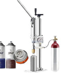 Manual Aerosol Can Filler Machine For Spray Paint Refills With Adjustable Bottle Clamp and Bolt Down Base Fits 60 To 330 Mm showing spray cans and propellant.