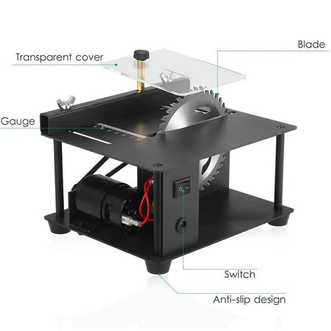 Badass Compact Mini Table Saw Featuring 200 Watt Motor For Smooth Hardwood And Acrylic Cutting Hella Precise Portable Bench Saw with transparent cover.