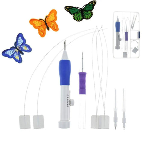 Embroidery Patterns Punch Needle Kit With Magic Pen And Plastic Needles, shown with butterfly patches for DIY projects