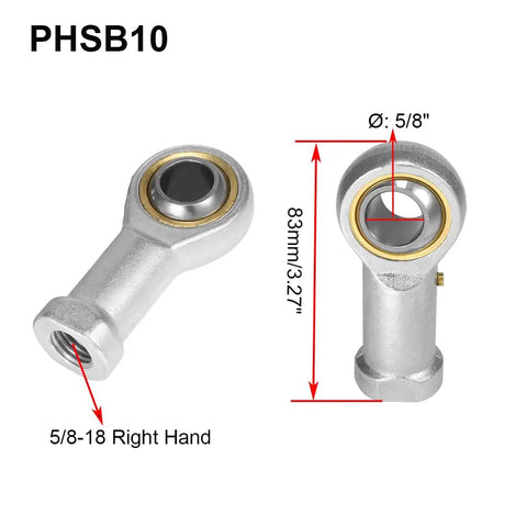 Two Pack Five Eighth Inch Bore Rod End Bearing With Five Eighth Eighteen Right Hand Thread Pre Lubricated Heim Joint 11 Degree Angular Misalignment Steel Body With Hardened Bearing Ball 21N Static Load 20kN Dynamic Capacity, 5/8 bore, 5/8-18 RH thread