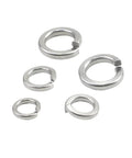 Heavy Duty Stainless Steel Spring Lock Washers, Split Lock Washers for Preventing Nut Loosening, shown in various sizes.
