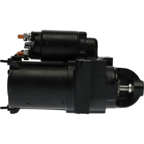 Side view of 12V Marine Starter SAEJ1171 for 1996 to 2007 Mercruiser Volvo Penta V6 V8 engines, black epoxy coated.