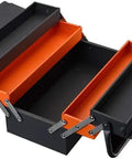 Portable Metal Tool Box With 3 Level Fold Out Cantilever Organizer showing open compartments, heavy duty steel frame, rust resistant finish