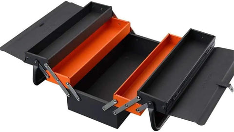 Portable Metal Tool Box With 3 Level Fold Out Cantilever Organizer showing open compartments, heavy duty steel frame, rust resistant finish