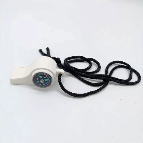 3-In-1 Survival Whistle with built-in compass on black lanyard, white