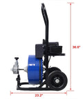 Heavy Duty Electric Sewer Snake Auger with 60 Foot Cable and 4 Cutter Heads, side view with steel drum and portable wheels.