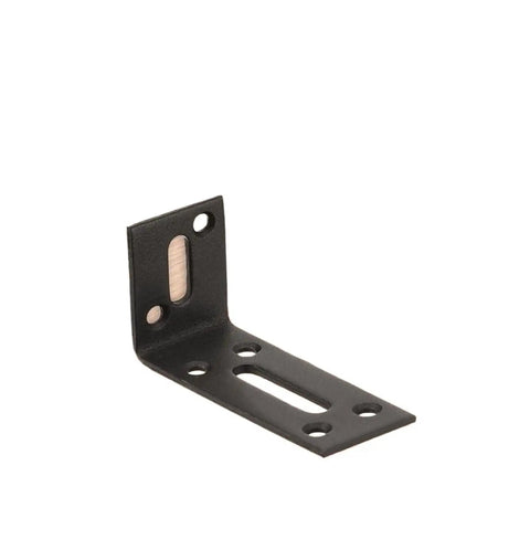 Heavy Duty L Shaped Corner Brackets Rust Proof Stainless Steel Shelf Supports Black Metal Furniture Brace Right Angle Reinforcement For Cabinets Tables Chairs Built Tough As Nails 4 Pack, side view of black metal bracket with holes.