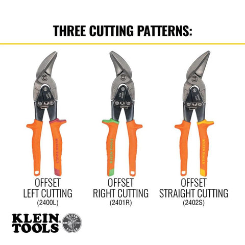 Three Klein Tools offset aviation tin snips with orange handles for left, right, and straight cuts