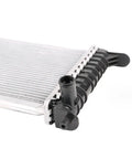Heavy Duty Aluminum Cooling Radiator Assembly for Tesla Model S 2016 to 2021 showing connector and fins for engine heat dissipation.