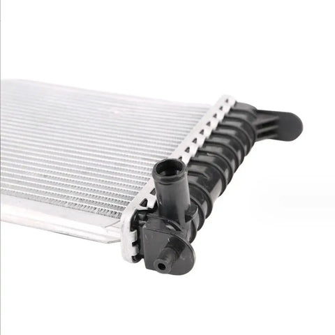Heavy Duty Aluminum Cooling Radiator Assembly for Tesla Model S 2016 to 2021 showing connector and fins for engine heat dissipation.