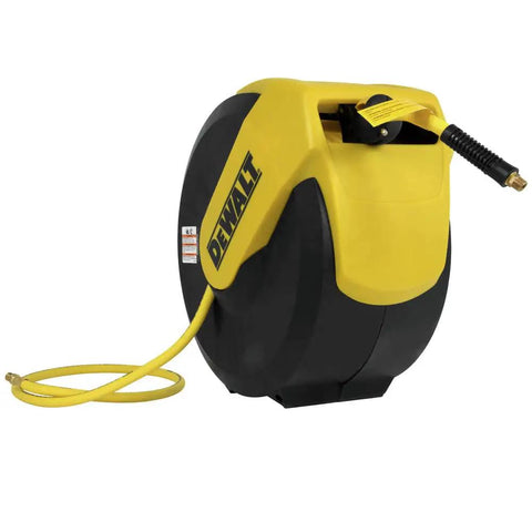 Three Eighths Inch Fifty Foot Hybrid Polymer Air Hose With Auto Retract Enclosed Reel Bright Yellow Durable And Flexible