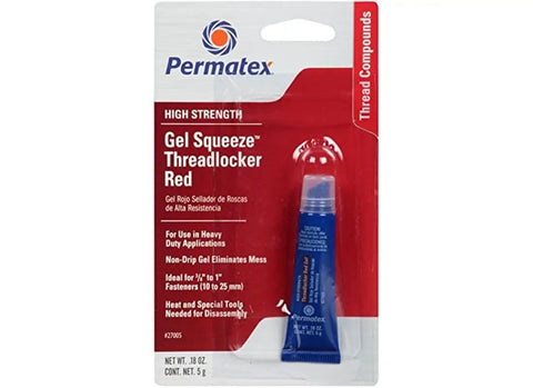 Red High-Strength Thread Locker Gel Squeeze Tube 0.20 oz in retail packaging, labeled for automotive and DIY use.