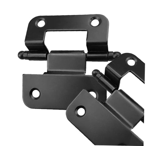 Close-up of black cabinet hinges, 10-pack, self-closing, flush-mount design for kitchen, bathroom, wardrobe