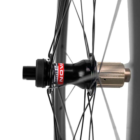 Close-up of rear hub and spokes, Dope Carbon Road Bike Disc Brake Wheelset With 55mm Clincher Tubeless Ready Rim 25mm Width UD Matte Finish