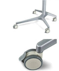 Close-up of wheels on Totally Adjustable Pneumatic Sit Stand Rolling Laptop Desk Cart for easy movement on hardwood floors.