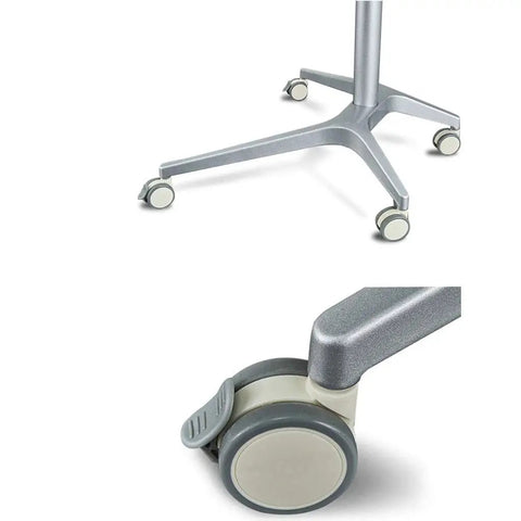 Slick Rolling Mobile Laptop Desk Cart With Pneumatic Height Adjustable Sit Stand Ergonomic Wood Platform, smooth-locking wheels detail.