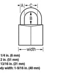 Diagram showing dimensions of Tough Brass Padlock With Solid Brass Body And Hardened Steel Shackle One And Five Sixteenths Inch Wide Keyed Alike
