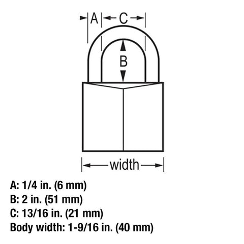 Diagram showing dimensions of Tough Brass Padlock With Solid Brass Body And Hardened Steel Shackle One And Five Sixteenths Inch Wide Keyed Alike