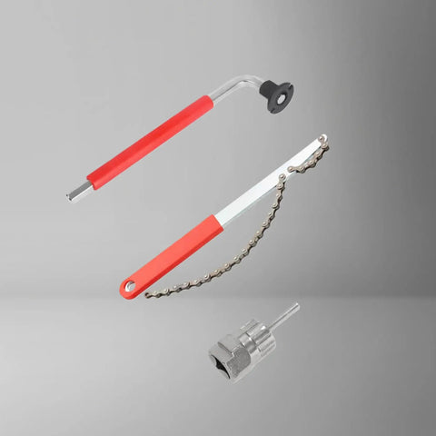 All In One Bike Cassette Tool Kit With Chain Whip, Freewheel Remover And Lockring Extractor, silver tools with red handles