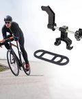 Cyclist riding next to Ultra Portable Bike Wheel Truing Stand For On The Go Rim Adjustment, MTB and Road Bike Wheel Repair Tools.