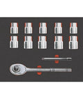 Beefy Thirteen Piece Half Inch Drive Socket Wrench Set With Durable Titanium Finish For Heavy Duty Automotive Repairs And Tough Mechanic Gig showing sockets and ratchet.