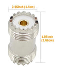 Pro Grade SO239 Barrel Connector 6 Pack PL259 Female To Female UHF Coax Adapters showing dimensions and nickel-plated finish